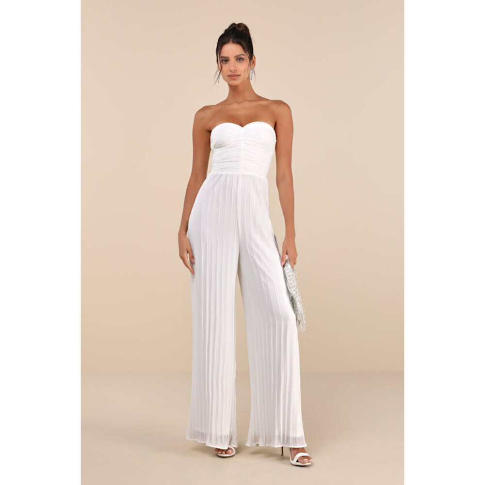 Lulus Certainly Charming White Pleated Strapless Wide-leg Jumpsuit - Size M.